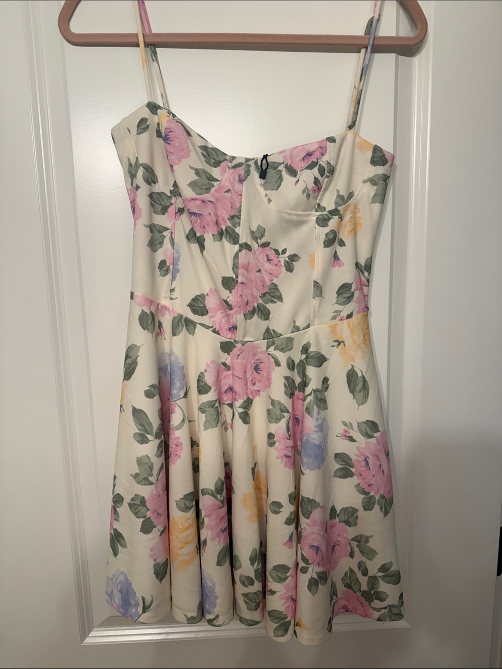 NWOT Zara Cream Floral Spaghetti-Strap Dress with Pink, Yellow & Lavender Blooms
